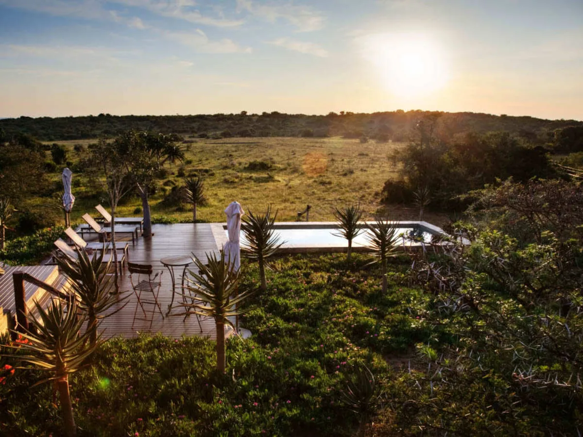 Lodge pool deck at sunset overlooking the open bushveld