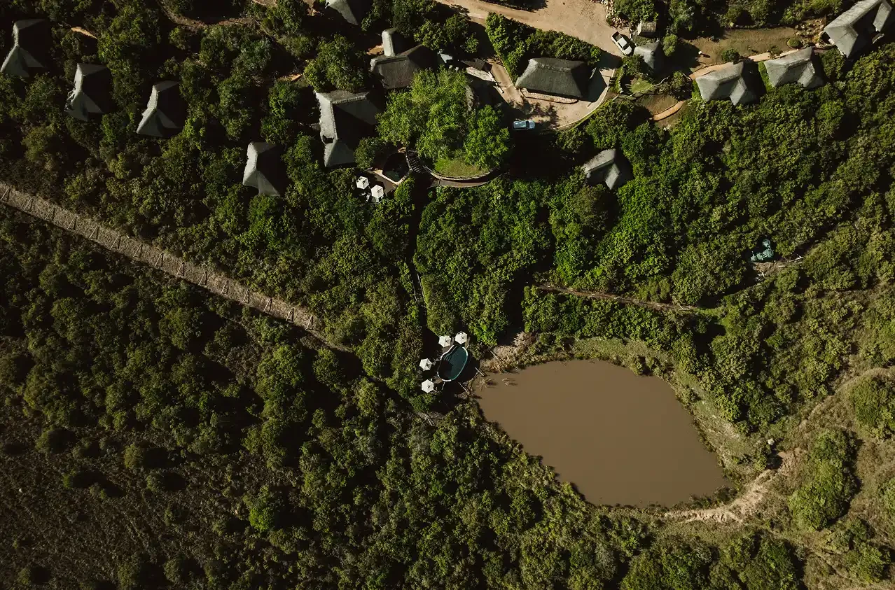 Aerial of Mark's Camp on the Lalibela waterhole