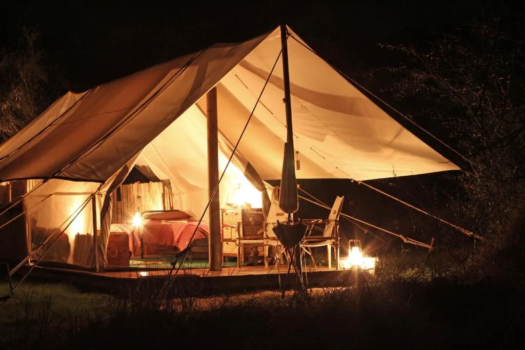 Quatermain's tent at night, warmly lit from inside with a hanging brass lantern outside