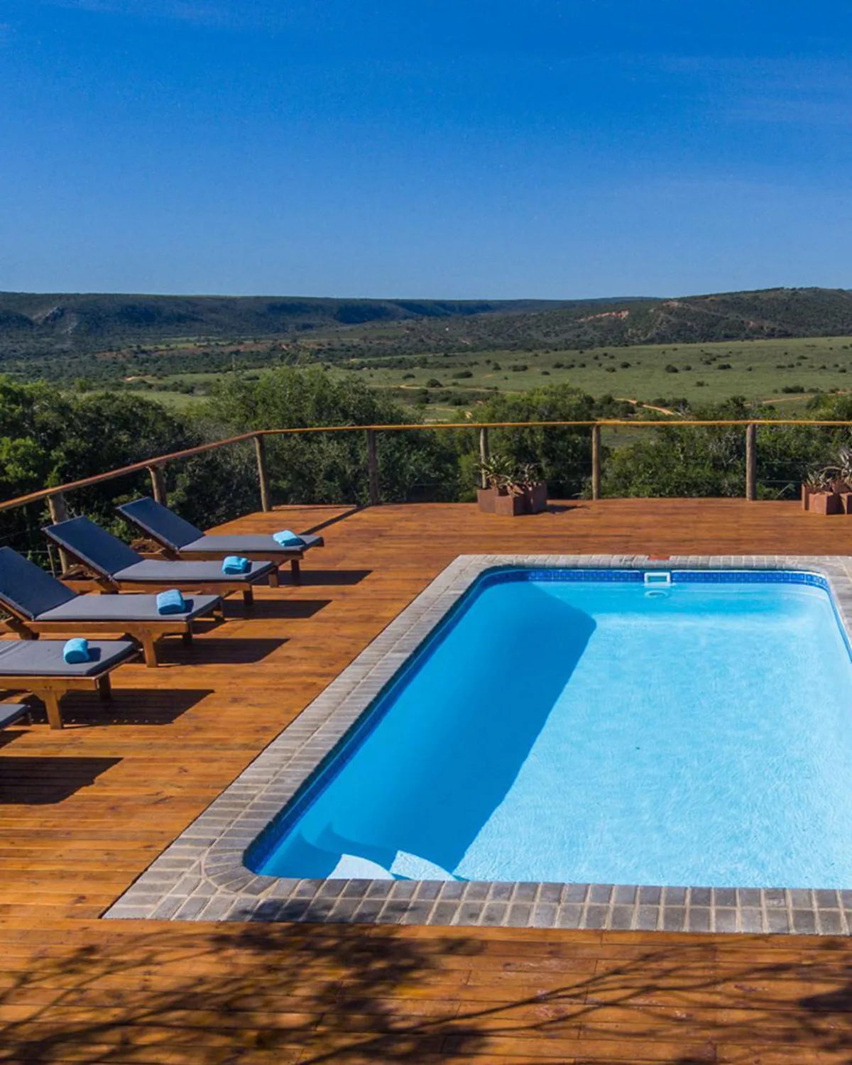 Pool deck with loungers overlooking the Amakhala valley